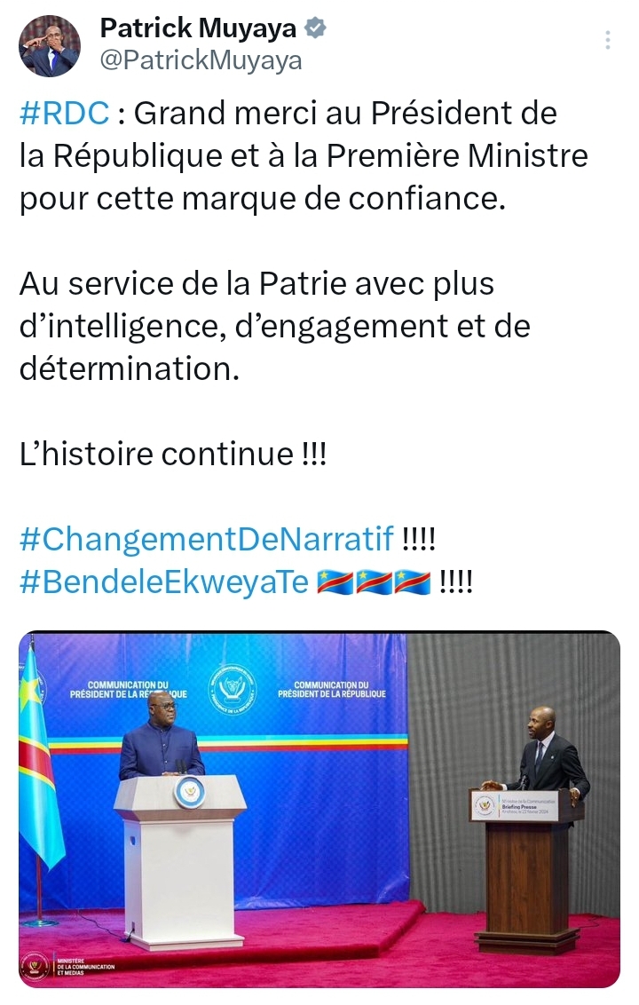 Le tweet de remerciement de Patrick Muyaya 