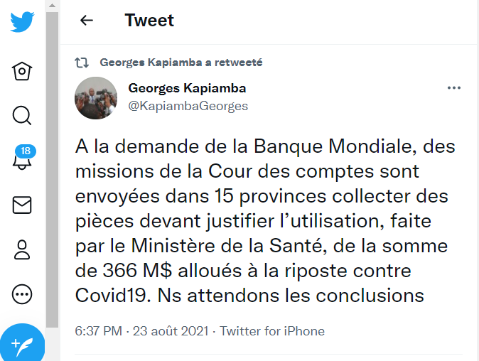 Tweet de Georges Kapiamba