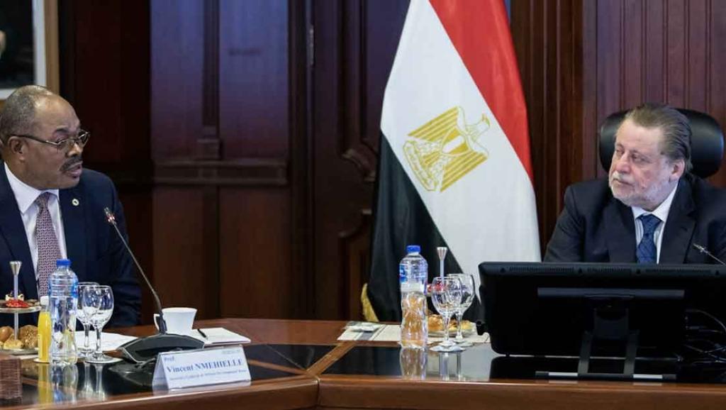 De gauche à droite: le secrétaire général de la BAD Vincent Nmehielle et le gouverneur de la Banque centrale d'Égypte Hassan Abdalla