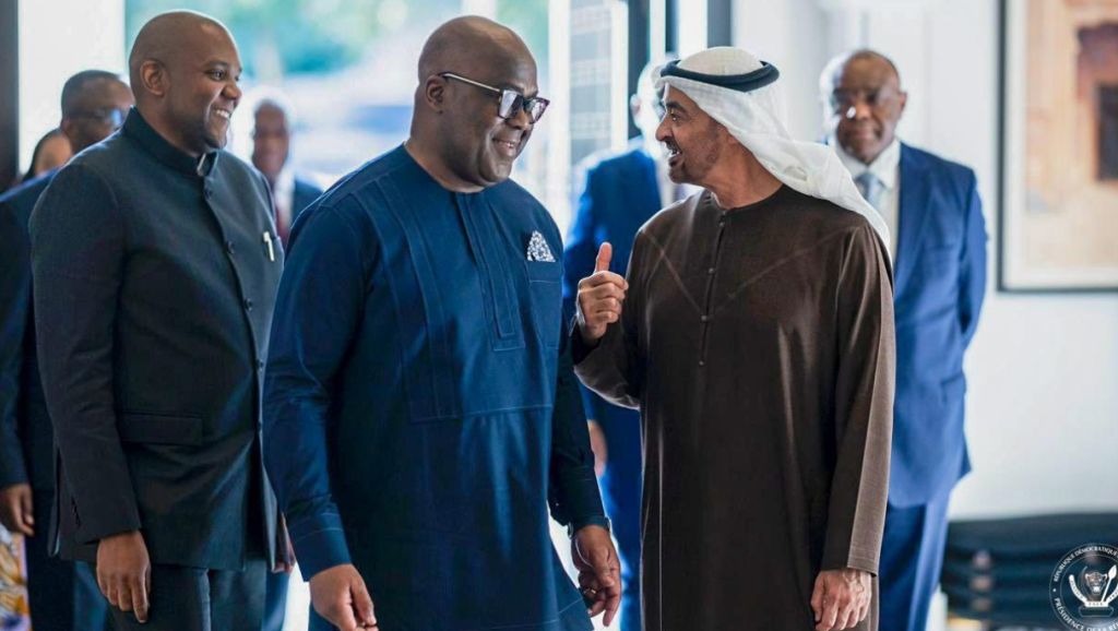 Le Président de la RDC Félix-Antoine Tshisekedi et  Mohamed Bin Zayed d'Emirats Arabes Unis lors de la signature de l'accord de partenariat Économique Global à Abu Dhabi le 2 février 2026