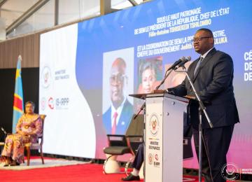 Doudou Fwamba, lors du lancement de la campagne de mobilisation pour l'entrée en vigueur de l'IS et IRPP à Kinshasa