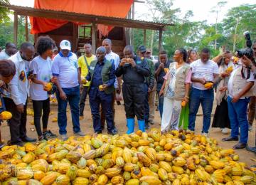 Le ministre Mohindo Nzangi lors du lancement de la campagne agricole dans la province de Tshopo, devant une culture de cacao